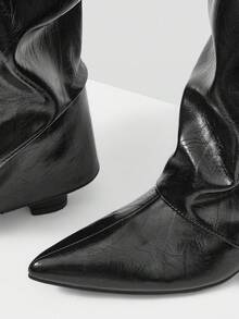 Mnmlis Women's Pointed Toe Pleated Casual Metal Buckle Strap Stiletto Heel Over-The-Knee Boots - Black - View 10