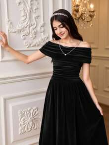 Váy dự tiệc dài trễ vai bằng nhung đen thêu hoa văn thanh lịch dành cho bé gái tuổi teen, thích hợp cho Giáng sinh, Halloween, năm mới - màu đen - Xem 6