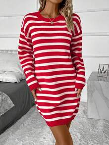 SHEIN LUNE Casual Colorblock Striped Knit Dress, Autumn/Winter - Red - View 4