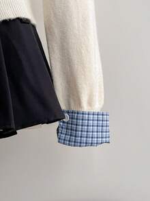 Sweetra 秋冬新款小马刺绣格子拼接二合一时尚宽松学院风长袖开衫 - 杏色 - 查看 4