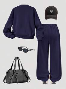 SHEIN Tween Girl Navy Blue LA Letter Print Sweatshirt And Wide Leg Sweatpants Set,Autumn Cow Boy School Back-To-School Comfy Fall Winter Loose Sweatsuit - Navy Blue - View 2