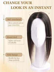 3.1*4.7英寸女士假发片，100%真人发丝，NC自然黑，适合有脱发或头发稀疏的人士，贴合头皮，蕾丝假发片，夹式接发，花朵发夹 - SNatural Black - 查看 3