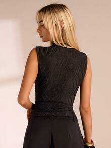 Glamine 2pcs Women's Embossed Woven Sleeveless Tank Top, Versatile Daily Wear Tank Top Set, Black & White Mock Neck Top Sleeveless Tops Textured Tops - Black - View 9