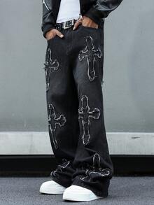 GALLERY FADE Jeans en denim gris foncé style casual de rue avec patch brodé pour hommes - Gris foncé - Voir 1