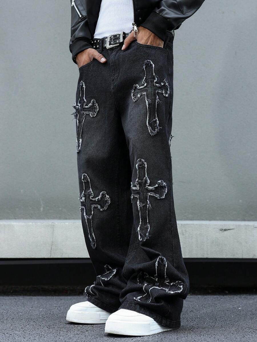 GALLERY FADE Jeans en denim gris foncé style casual de rue avec patch brodé pour hommes - Gris foncé - Voir 1