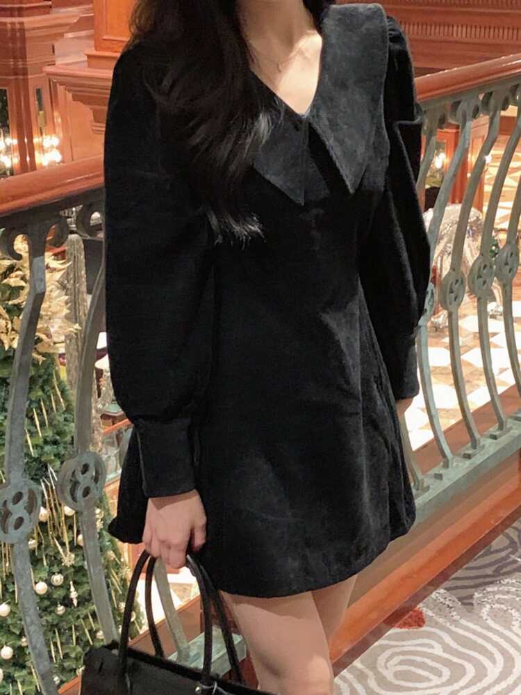 Peter Pan Collar Puff Sleeve Tie Waist Velvet Mini Dress For Women