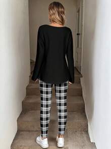 SHEIN LUNE 2pcs/Set Women's Long Sleeve T-Shirt And Leggings, Plaid Print, Suitable For Autumn/Winter, Black & White - Multicolor - View 2