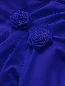 Maweii 大码优雅休闲通勤衬衫，肩部饰有荷叶边玫瑰花，腰部收紧，纯色 - 藍色 - 查看 6