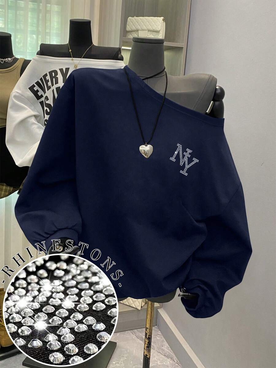 INAWLY American Retro NY Letter Rhinestone Asymmetrical Shoulder Long Sleeve Sweatshirt, Women's Black New York NY Letter Rhinestone Long Sleeve Sweatshirt, Casual Loose Slimming Black Top, Elegant And Comfortable Design, Casual Outdoor Sweatshirt