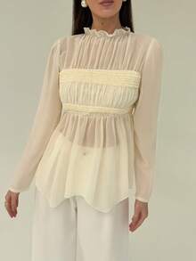 Aloruh Áo cánh nữ màu mơ tay dài boho cổ điển họa tiết chắp vá viền bất đối xứng lãng mạn - Màu be - Xem 7