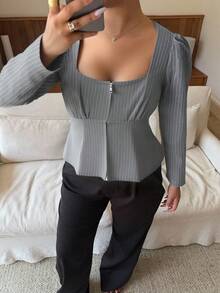Dripcurv Plus Size Women's Winter Grey Striped Casual Square Neck Zip-Up Blazer, Simple Urban Style, Perfect For New Year's, Spring Women - Dark Grey - View 4