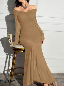 Modelyn Women's Solid Color Off Shoulder Long Sleeve Ruched Fishtail Hem Fitted Dress, Elegant - Khaki - View 6