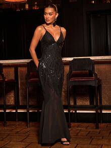 L'Amorae Women's Sheer Flowy Sequined Maxi Dress With Rosette Necklace - Black - View 3