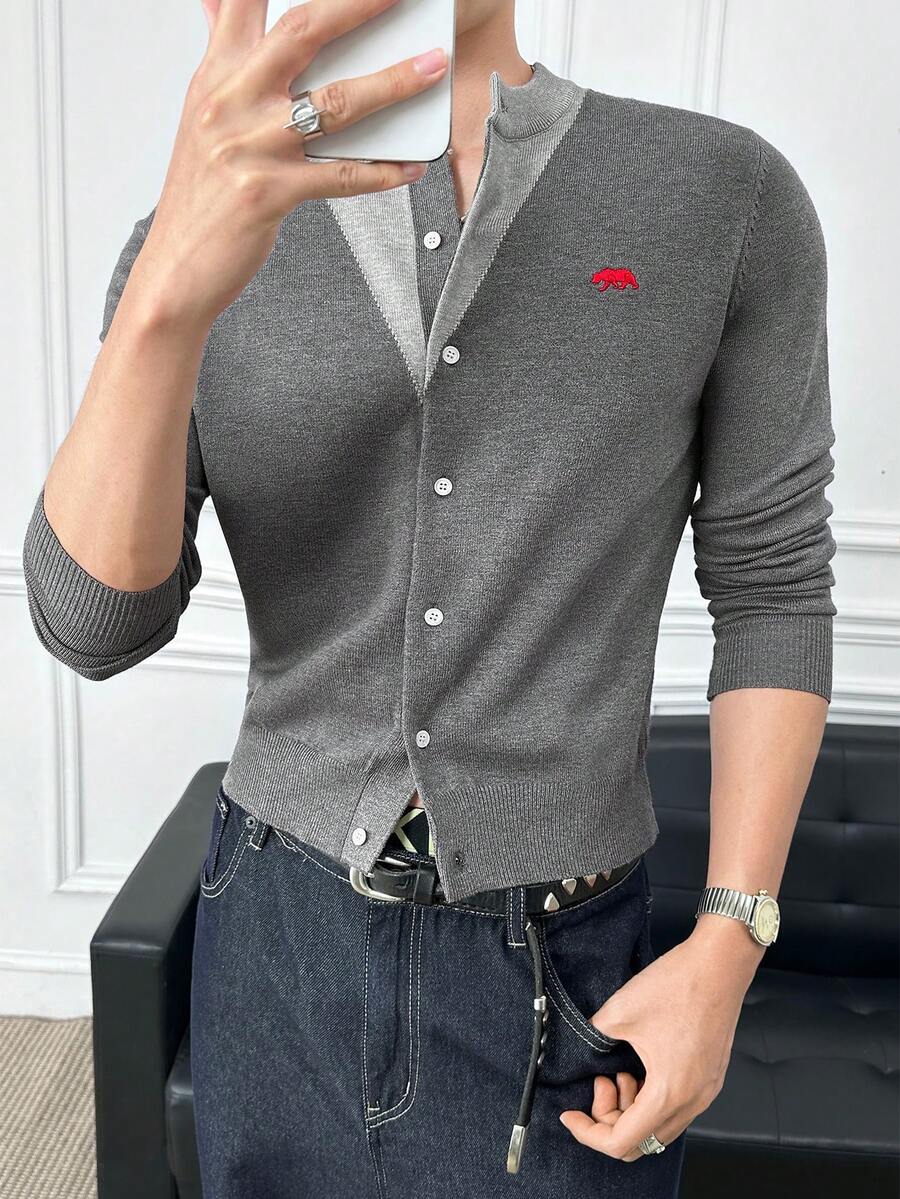 ESTAVOR 男士休闲撞色开衫，秋冬季百搭单品 - 灰色 - 查看 1