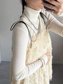 FRIFUL 女士纯色吊带毛绒纹理多层吊带背心，秋冬季 - 米色 - 查看 4