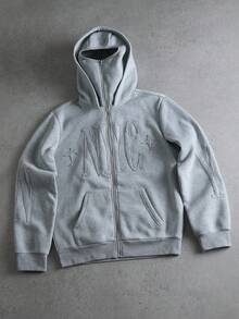 PAVTROS 男士个性化时尚字母刺绣拉链领连帽衫，街头风，朋友装，情侣装，宽松版型，男士款，印花，日系风格，男女通用，“我爱我的女朋友” - 灰色 - 查看 3