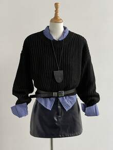 Chiquease Solid Ribbed Knit Drop Shoulder Jumper - Black - View 3