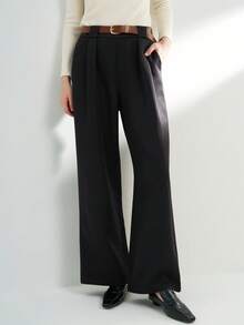 Airaco Damen einfarbige plissierte Taschen Weite Bein Lässige Hose - Schwarz - Übersicht 4