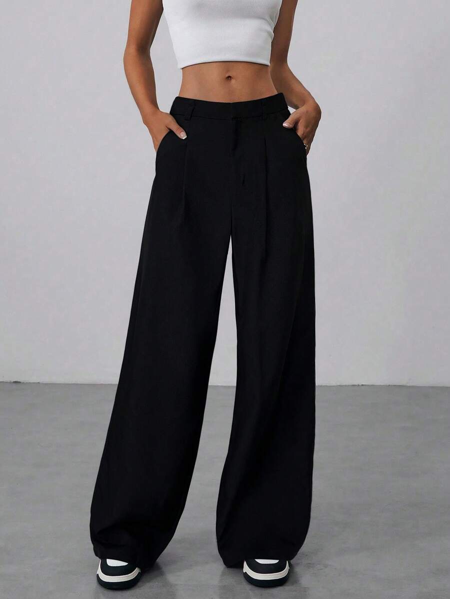 Aloruh Women Fairy Office Daily Commute Wide Leg Straight Trousers With Double Waistband Design, Floor Length, Low Rise, Autumn/Winter, Winter, Business Casual, Elegant, Black , Wide Leg, - Black - View 1