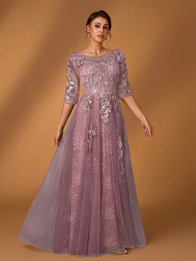 Serin 圆领七分袖蕾丝拼接网纱A字下摆奢华装饰连衣裙，优雅浪漫，适合晚宴、约会、婚礼、音乐节等场合，也适合新娘、母亲和情人节穿着。