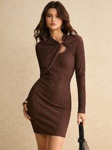 Poéselle Robe mini moulante à la mode à col asymétrique, couleur unie, pour femme - Tabac - Voir 2