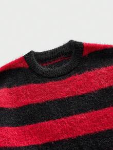 ROMWE MEN Grunge Punk 男士休闲圆领长袖黑红条纹毛衣，秋冬款 - 彩色 - 查看 3