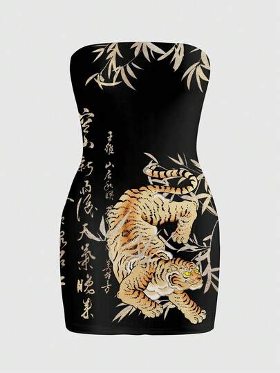 ROMWE Avant Baddie Neuer chinesischer Stil Dunkler Tiger Straßen-Kalligraphie Allover-Muster Dunkle Gothic Straßen Vintage Baddie Bandeau Mini-Kleid
