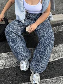 Dazy Plus Plus Size Women Leopard Print Loose Straight Leg Jeans With Elastic Waist, Street Style, Suitable For All Seasons - Blue - View 5
