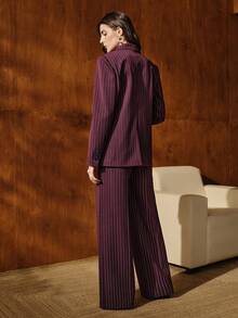 Anewsta Urban Chic Autumn/Winter New Fine Striped Long Sleeve Lapel Pearl Trim Women's Blazer + High Waist Relaxed Women's Suit Pants, Women's Suit Set - Purple - View 3