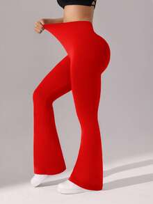 SHEIN Sports Women's Solid Color High Waist Ruched Flare Pants - Red - View 7
