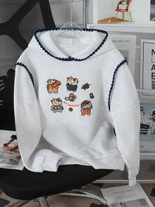 SHEIN 新款少女卫衣（单件装）：可爱休闲风，正面绣有动物图案，针织保暖内衬，浅灰色，连帽套头衫，宽松舒适的长袖卫衣。采用独特的撞色拼接设计。适合秋冬季节、户外活动、上学、旅行、聚会、运动等场合。必备卫衣！ - 灰色 - 查看 4