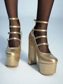 Sugerpunk Women's Thick Sole Buckle Design Fashionable Glamorous High Heels Valentine's Day - Champagne - View 3