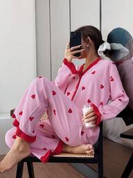 SHEIN Women's Pink Striped Heart Patchwork Top & Pants Pajama Set, Winter Clothes