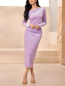 Modelyn Elegant French Style Ruched Velvet Dress - Purple - View 5