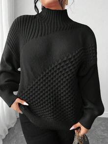 Elenzga Plus Size Women Solid Color Turtleneck Knit Pullover Sweater, Versatile For Daily Wear, Winter - Black - View 5