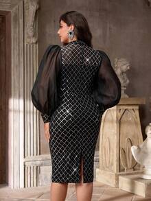 Aureia Vestido ajustado de organza con cuello alto, mangas abullonadas, elegante y romántico, con aplicaciones de lentejuelas, talla grande, adecuado para bodas, fiestas, celebraciones, eventos formales, cócteles - Negro - Ver 5