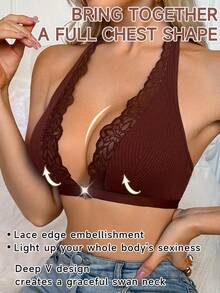 Elegant Sexy Front Closure Romantic Lace Patchwork Halter Bra - Coffee Brown - View 4