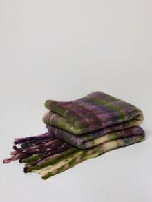 MUSERA Multicolour Tonal Checkered Fluffy Oversized Tassel Hem Scarf - Purple - View 2