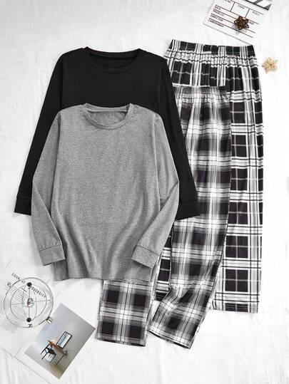 SHEIN 4 Piece Sets Teen Pajama Set: Light Gray Crew Neck Long-Sleeved Top And Gray And White Checkered Trousers; Another Set Includes A Black Crew Neck Long-Sleeved Top And Black And White Checkered Trousers. Made Of Stretch Knit Fabric, Machine Washable, Comfortable To Wear, Casual Loungewear Set (Both Sets Sold Separately). Pajama Set For Teens