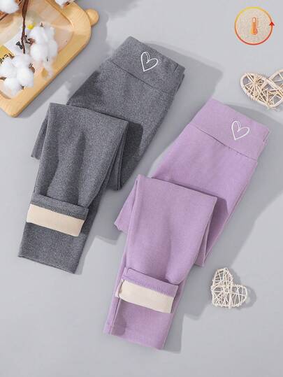 Genkimix Kids 两件装女童打底裤，饰有心形刺绣图案，采用保暖天鹅绒面料，舒适弹力，适合日常休闲穿着，秋冬季节适用。