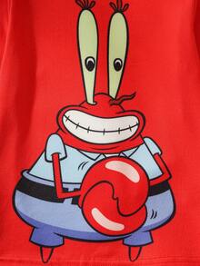 SpongeBob SquarePants | SHEIN Conjunto de pijama de otoño/invierno con top de manga larga de cuello redondo y pantalones, de punto con estampado de dibujos animados para niño pequeño - Rojo y blanco - Ver 5