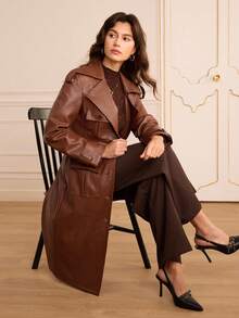 Lilora Áo khoác dáng dài tay cổ bẻ kiểu vintage mới dành cho nữ, thắt lưng và có khóa chữ D, kiểu dáng thanh lịch, ôm sát, thích hợp cho mùa thu/đông. Áo khoác dáng dài mùa đông cho nữ, chống gió và giữ ấm bằng chất liệu PU, phong cách vintage, dự tiệc, ngày lễ tình nhân, thời trang đường phố, kỳ nghỉ, khách dự đám cưới, tiệc tùng, năm mới, màu nâu, da, phong cách miền Tây, cổ điển. - màu nâu - Xem 8