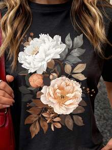 DrmWander Damen Große Größen Lässig T-Shirt mit rundem Ausschnitt und kurzen Ärmeln, Blume Muster, vielseitig einsetzbar