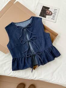 Comfortcana Plus Size Denim Jacket, Casual Loose Tie-Waist Bow Decor Ruffle Trim, Blue, Fall Women Clothes - Dark Wash - View 3