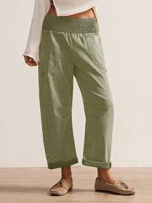 Bohemela Women's Casual Solid Color Woven Loose Low Waist Pants, Autumn/Winter Boho Style - Olive Green - View 3