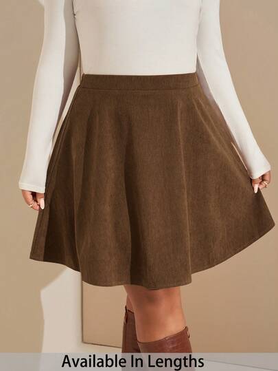 SHEIN Tall CURVE Plus Size Solid Corduroy Flare A-Liner Brown Skirt