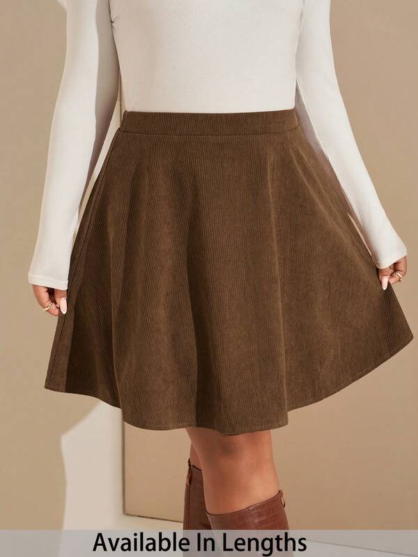 SHEIN Tall CURVE Plus Size Solid Corduroy Flare A-Liner Brown Skirt