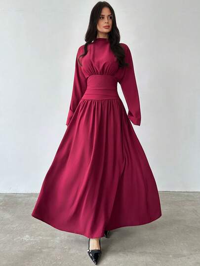 Firerie Elegant midiklänning med midja, mellanöstern vintage fransk chic-stil, med lager på lager, justerbar midja, klockärmar och axeldraperingar, lämplig för fester, höst/vinter