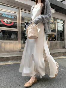 DAZY Women's Satin & Lace Patchwork Casual Loose Skirt