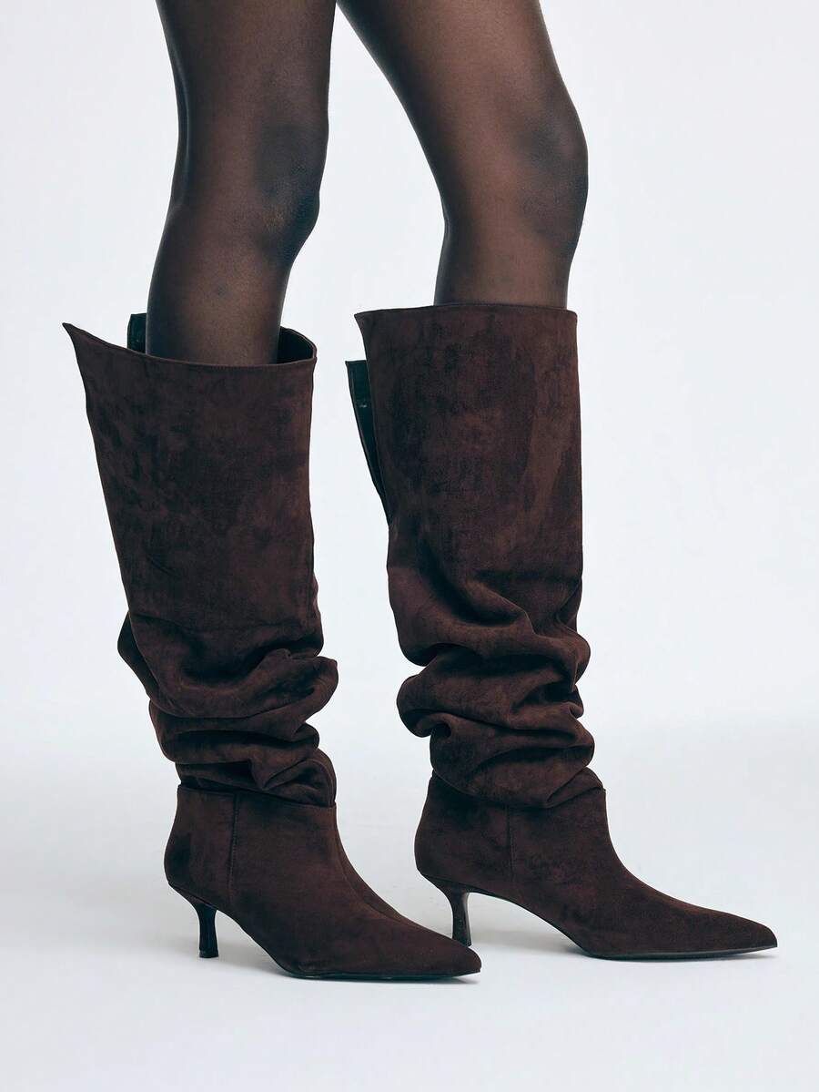 Mnmlis بوت نسائية عالية الكعب بأصبع مدبب من الجلد الأحمر الداكن، موضة الخريف/الشتاء - بني - مشاهدة 1